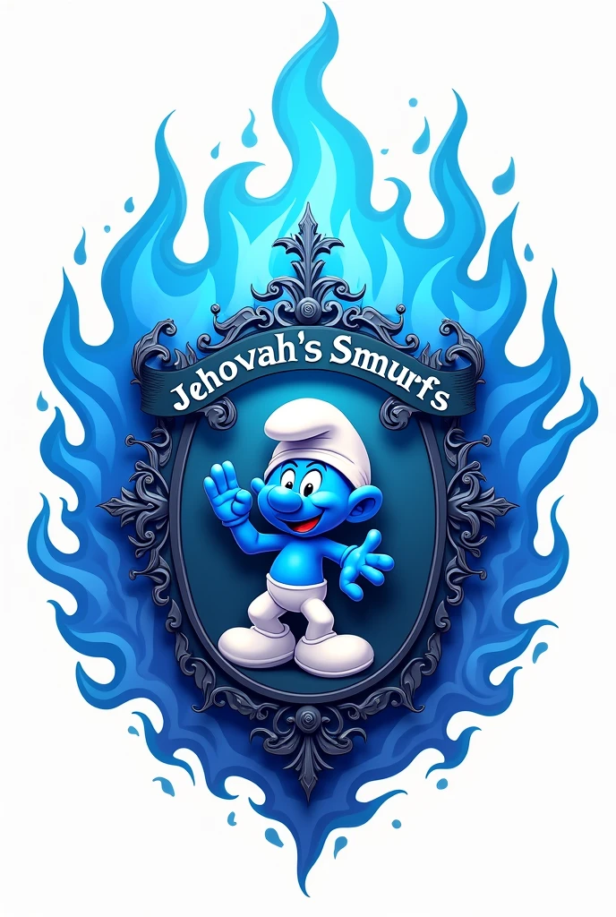 A brotherhood coat of arms with the name "Jehovah's Smurfs. put the name " Jehovah's Smurfs" on the coat of arms and a smurf. The coat of arms must be in blue flames. Put a white background.