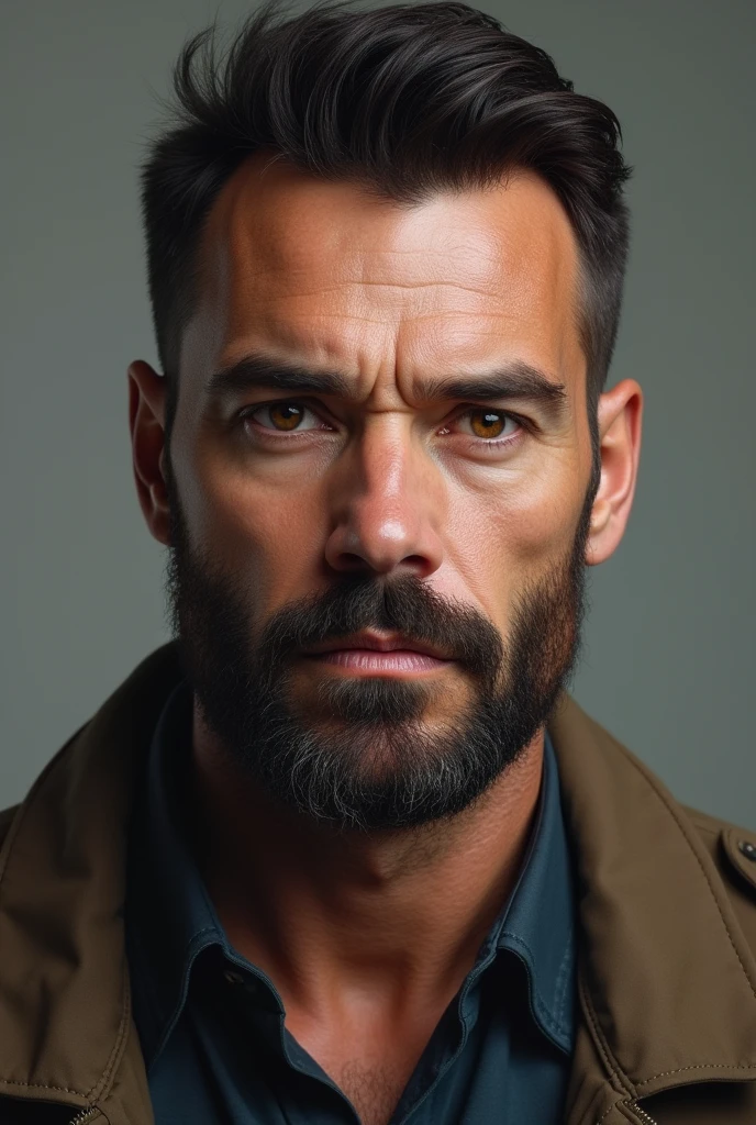 Front profile photo of a man with a beard and short dark brown hair and dark brown eyes, age 30