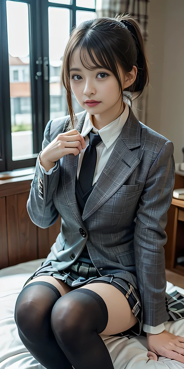 ((masterpiece:1.4))、((flying debris:1.4))、((A woman with light brown ponytail hair:1.4))、((Wear a grey checkered pleated skirt:1.4))、((黒色のタイトなWearing a suitいる:1.4))、((Stand in the hotel bedroom))、very Sexy Costumes, 厳格なWearing a suitいる、Stylish and gorgeous cosplay, Sexy Costumes, ファッションWearing a suitいる, Wearing a suit, Dress appropriately、((黒色のWearing a suitいる:1.4))、Sexy look, suit、((黒いWearing a suitいる:1.4))、黒いWearing a suitいる、((Confused expression:1.4))、((Black knee-high socks:1.4))、