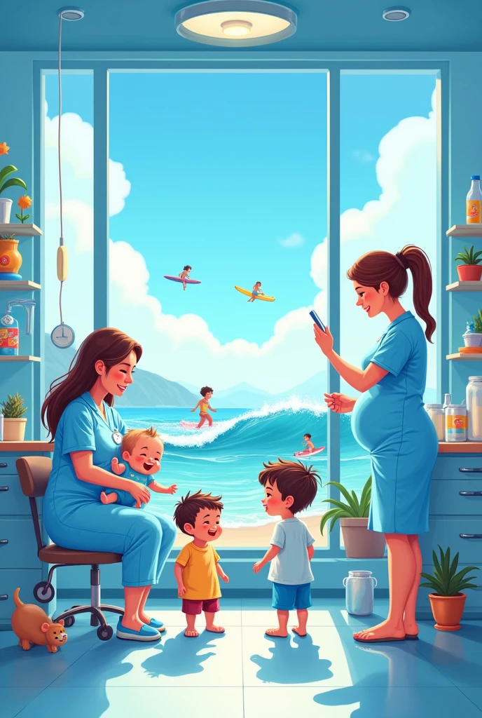 I need some more cartoons, and that contains elements of Obstetrics and Childcare, the color blue and Surfers