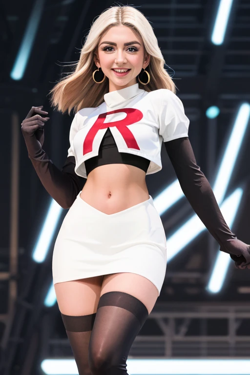The face of Julia Michaels, 1girl, solo, team rocket,team rocket uniform,white skirt,red letter R,crop top,black thigh-highs,black elbow gloves, earrings, large breasts,