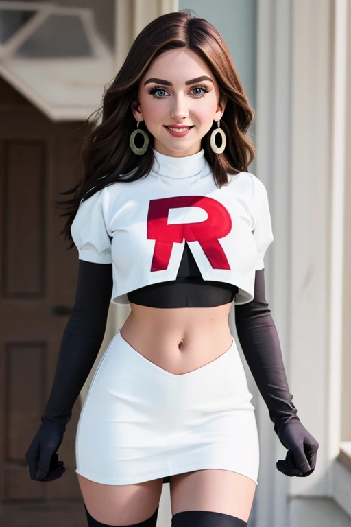 The face of Julia Michaels, 1girl, solo, team rocket,team rocket uniform,white skirt,red letter R,crop top,black thigh-highs,black elbow gloves, earrings, large breasts,