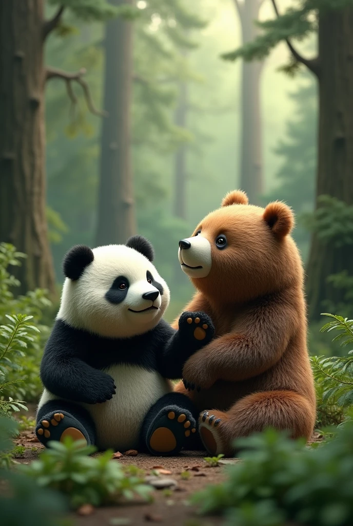 Make a picture of a panda bear and a brown bear in the forest to give a message that the bears are the same size and small.