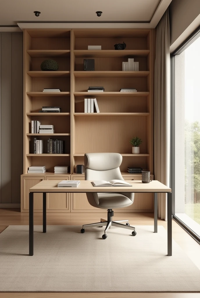 Interior design. Living room bookcase desk detached from the wall with chair. Desk in the middle of the room