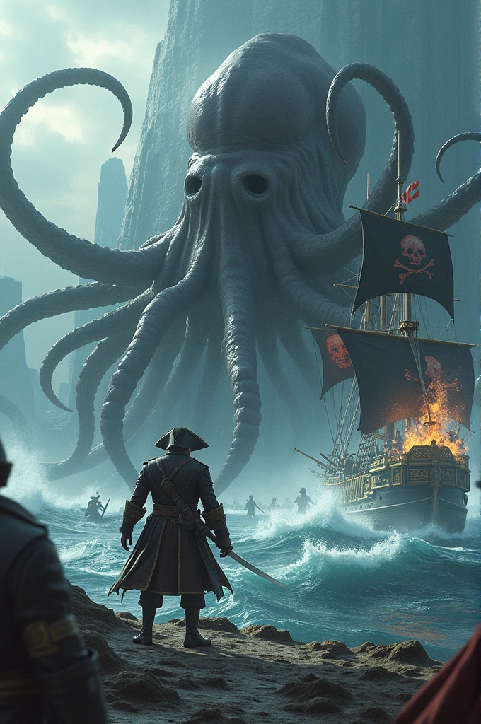 Create an image of a pirate ship, facing a huge giant squid, the sea is very rough with lots of waves, several sailors falling into the sea and being devoured by the squid, the ship's cannons are shooting huge fireballs at the giant squid. The ship has gold carvings and black sails with a pirate symbol in red.. The ship's captain stands with his sword raised in front of the giant squid.