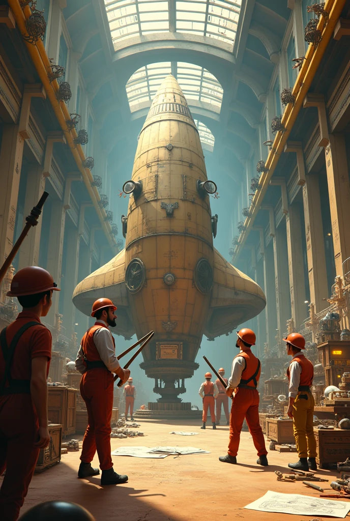 I want an animated image where several people are building an old spaceship. I want it to be like in the 1957s.