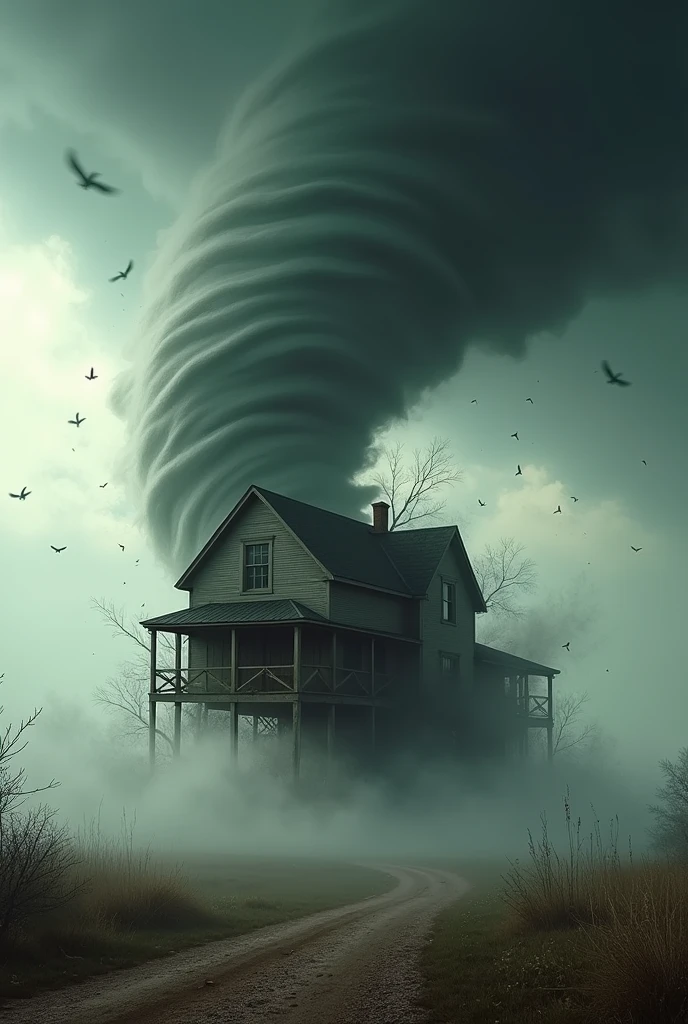 A tornado carrying a farmhouse inside of its funnel
