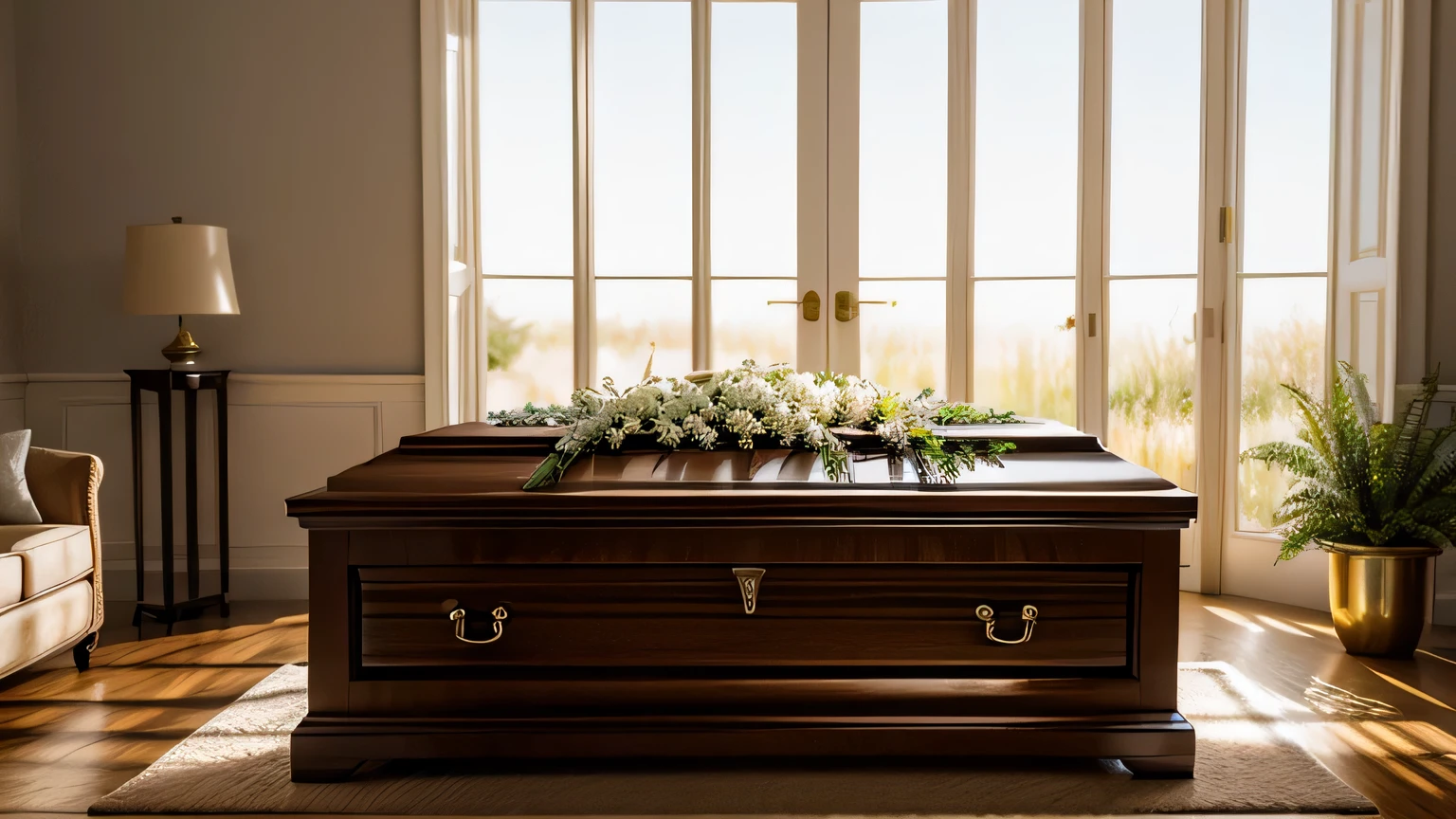 Create a highly realistic and bright image of a funeral scene with a brown coffin. The setting should be bathed in natural light, with soft, clear lighting filling the space, creating a serene yet impactful atmosphere. The brown coffin should be the focal point, surrounded by minimalistic elements like white flowers and soft-colored candles. The overall scene should feel peaceful and respectful, with an emphasis on clarity and lightness, making the moment both solemn and visually gentle