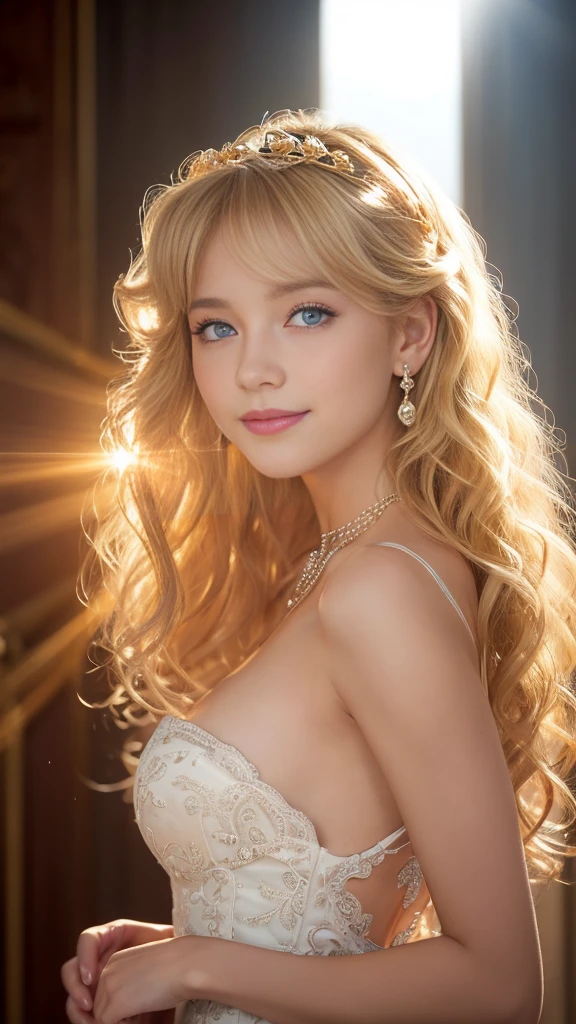 ((RAW shooting:1.5, Realistic:1.5, 8k, Highest quality, masterpiece, Ultra-high resolution)), Inside the luxurious British royal palace, Professional camera work:1.3, Very detailed肌と顔の質感:1.3, Glowing light effect, Very detailed:1.3, Cute 18-year-old British princess, Fair skin, Glowing Skin, (elegant:1.4, Small face), Extremely cute face:1.5, (Cute Blue Eyes:0.9, Looking into the distance), smile:1.0, (Open your mouth a little:0.4, Cute mouth:0.7), double eyelid, ((Very long white blonde curly hair)), tiara, Necklaces and earrings, ((elegantで品のあるタイトなドレスをオフショルダーで正しく着こなす方法)), Big Breasts, Cowboy Shot, ((sunrise, Sunlight shining from behind:1.6, Strong sunlight fills the screen:1.6)), ((Strong sunlight shines on the woman:1.7))