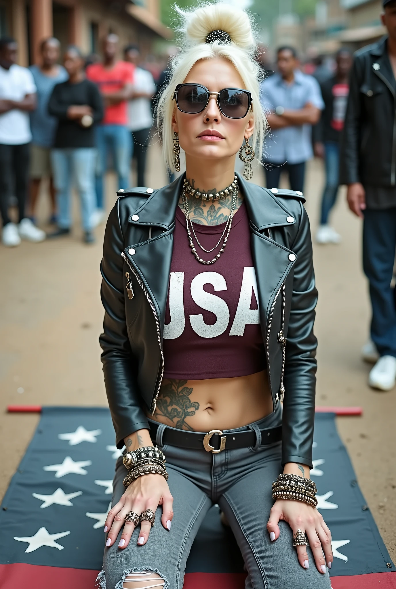 Anglosaxon old milf woman, , blonde platinum hair (beehive bun) and oversized square sunglasses as headband), with very light green eyes, extremely pale. Wearing studded cropped black moto jacket (zippers on the side. Cropped dark burgundy push up tank top with gothic lettering,, dark grey skinny low rise jeans with holes on knees .White tennis sneakers. Lots of thick wide studded bracelets, chain collars and big rings. Tacky wide studded leather belt, with big skull and bones round buckle. Long earrings with chains. Kneeling on a large ragged usa flag, looking at the photographer. Craving, sensual face. Hands on knees. Trash on the floor. Looking at the camera, Toned abdominals, thin neck, slim legs and thin arms. Neck, chest, belly, hands and arms completely tattoed. Street of Nairobi, crowded with standing people
