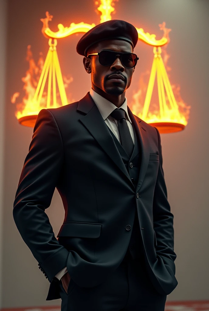 a black man in a suit, beret with dark shades and an aura of power and a scale of justice on fire 
