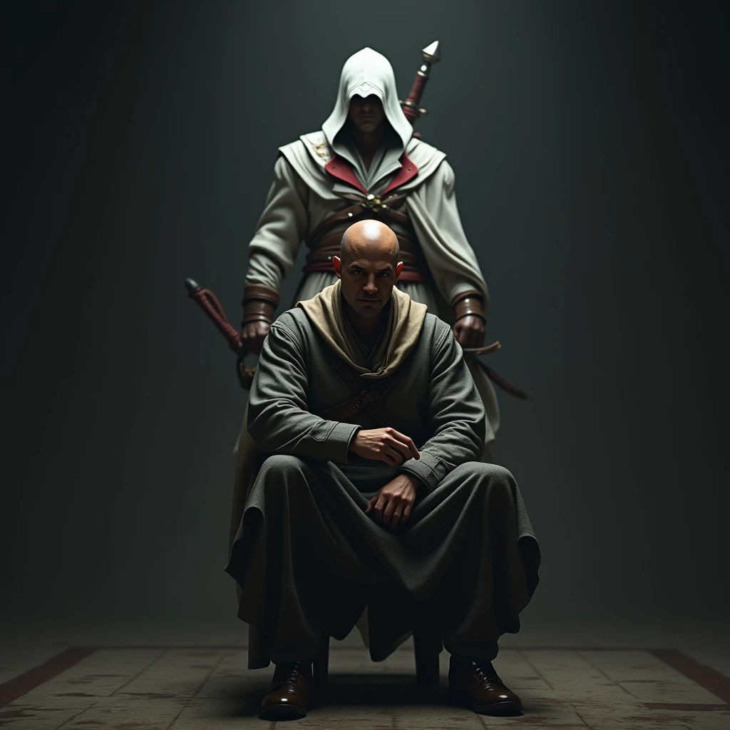 homme chauve asis avec un assassin's creed altair debout derriere lui avec sa lame secrete