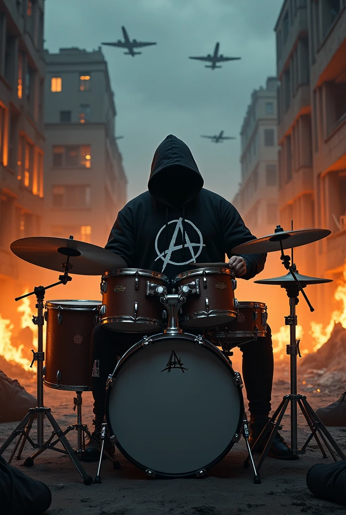 Drummer playing in hoodie wearing black outfit with anarchy symbol, hidden face, kind of fat, down the street of the war torn city at night, fire and smoke, warplanes crossing the sky, bodies of soldiers lying in front of the ground