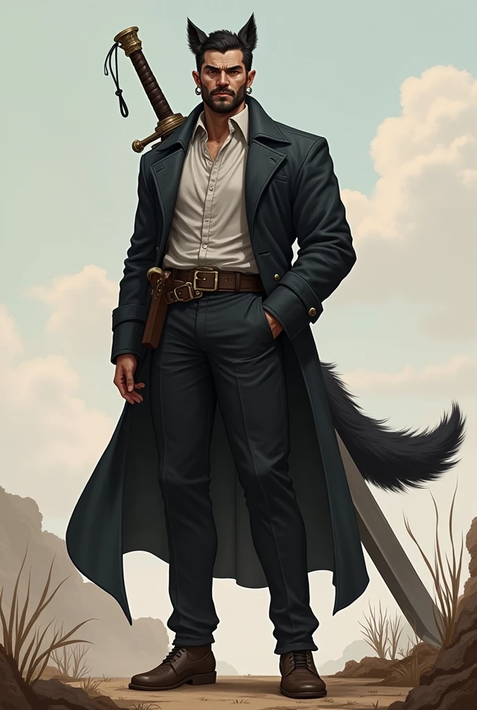 He is a tall, 2 meter tall indigenous man with a square face and short dark hair and a beardless face with a smooth face. His eyes are wolf-like and one of them is closed with pointy ears with earrings. He wears a dark black overcoat with a white shirt underneath and dark pants in the style of formal attire and has a strong physique and a wolf's tail. A large sword is strapped to his back. I would like the art in a fantasy RPG style. In the Old West