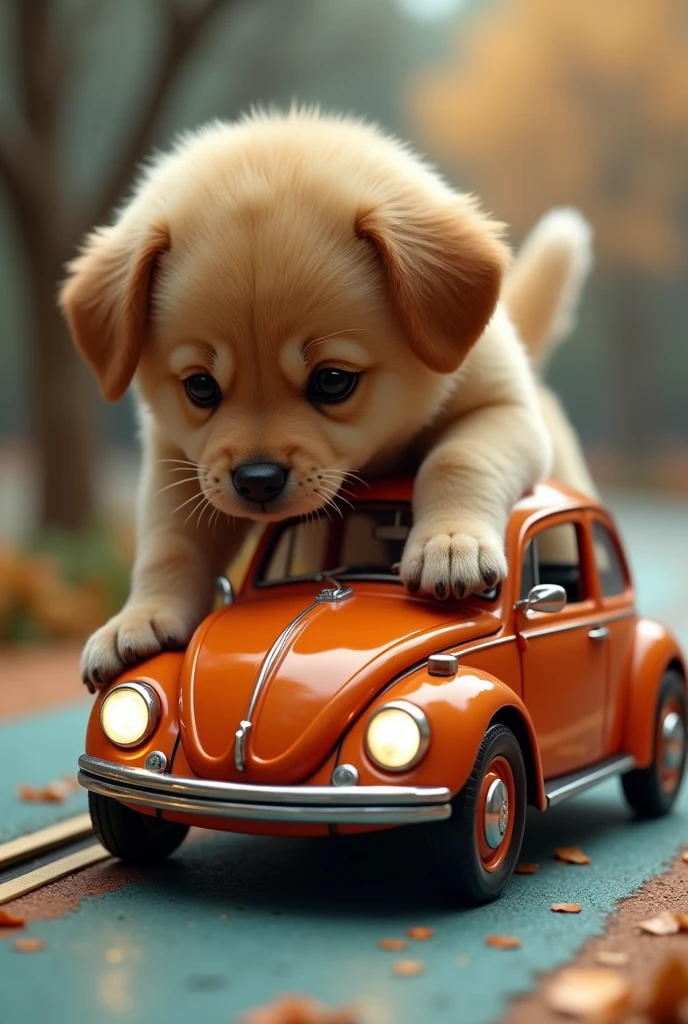 a miniature detailed 1970 volkswagen beetle car, detailed turn on lighting, on a toy roadtrack, (a giant friendly ultrarealistic puppie dog playing with the tiny car), ((highly detailed, photorealistic)), 4k, 8k, masterpiece, hyperrealistic, ultra-detailed, physically-based rendering, vivid colors, studio lighting, sharp focus, professional