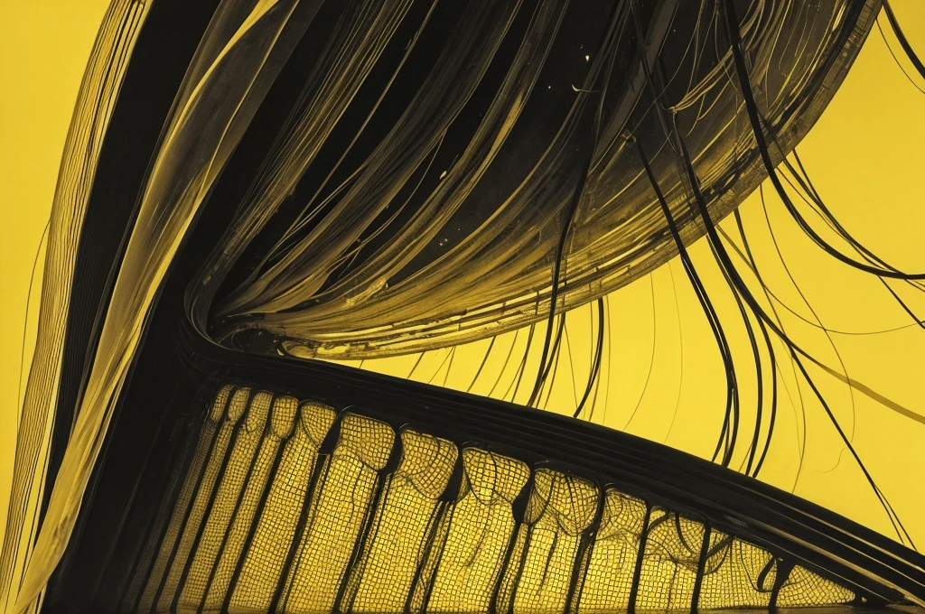 wing,very large,one jellyfish,monochrome,old painting,yellow background,Rantan,space,midlle ages,atomic