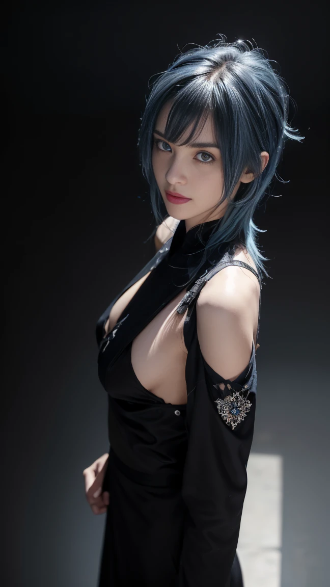 8K, Top Quality, Intricate Details, Ultra Detail, Ultra High Resolution, Masterpiece, close up shot, (full body: 1.1), Slender, Smile, (Makeup: 0.4), ((sexy pose,)), (Fluffy blue Eyes: 1.21), (()), 1girl, solo, 1 girl, ((bangs, blue hair, bangs, very short hair, bangs )), close up shot, , ((tall)), (((fit body))), (((slim face))), sharp face, ((, wind blow hair, )), ((black dress, torn dress, ripped dress)) , (detailed face), sharp face, small lips, perfect hands, ((walking pose, walk pose)) , ((, pussy spread ,)), , ((cleavage, crotch,)),, detailed face, detailed breast,, huge breast , ((detailed nipples, detailed breast , detailed nipple)), detail ass, Narrow Waist, Skinny, tall , 175 cm tall, Muscular, Navel, Exposed Abdomen, Pointed Chest,, Beautiful girl with accentuated slender abs: 1.4, Six Pack Abs: 1.4, Bust Botox, Big, Perfect Body, detail leg, (( dark background)), black background,