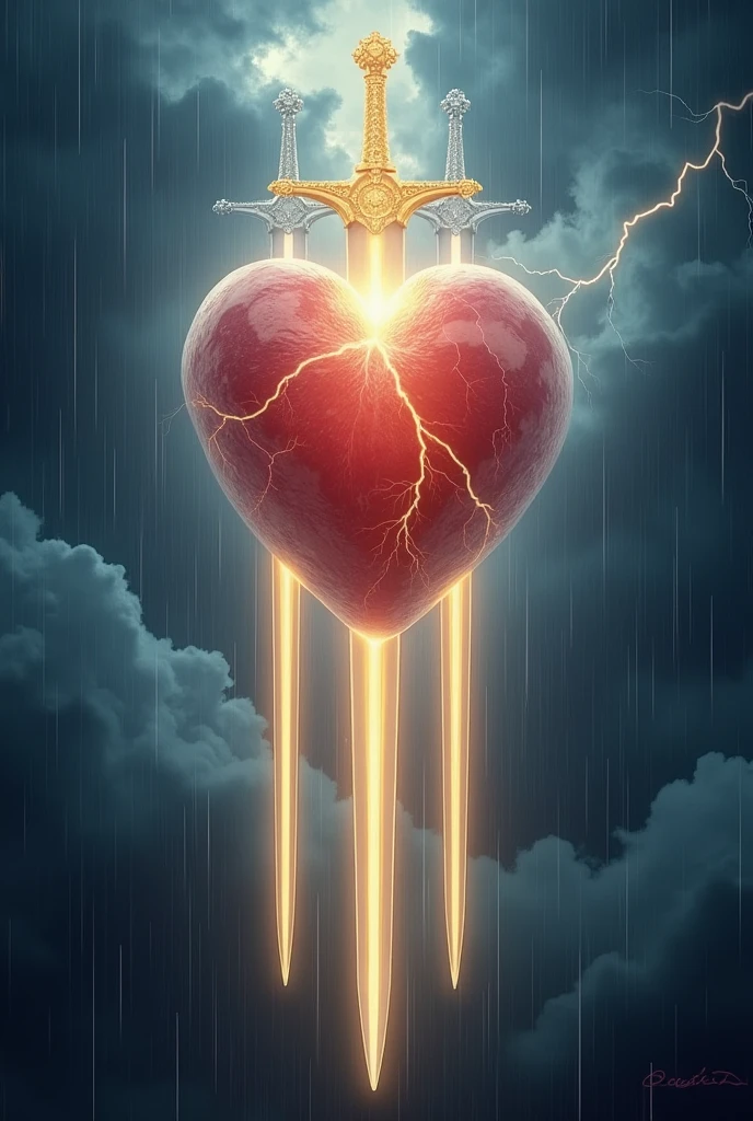Create a stunning, hyper-realistic image for the 'Three of Lights' card from the Lumen Angelis Tarot deck, Directly inspired by the traditional Rider-Waite Three of Swords. In the center of the letter, A big heart, intricately detailed and anatomically realistic, floats in the air, glowing with a soft, ethereal light. The heart appears almost translucent, as if made of divine material, with delicate veins and a shiny surface that reflects light.
Three beams of radiant light, that look like swords, They pass through the heart from different angles. These beams are not mere lines of light, but they look like solid structures, almost crystalline, with sharp edges and a radiant core that pulsates with energy. Each beam of light is so detailed that you can see the faint drawings of celestial symbols across its surface., and they shine with different intensities: one with a golden hue, another silver and the third with a deep blue, from another world.
The background is a stormy sky, with dark, swirling clouds adding drama and intensity to the scene. Lightning flashes through the clouds, illuminating the heart and beams of light in bursts of radiance. Raindrops fall gently from the sky, but instead of water, They appear as tiny glowing orbs of light, that disperse when they hit the ground.
The overall scene should be emotionally evocative, capturing the deep sadness and searing pain symbolized by the original Three of Swords, but with a heavenly, angelic twist that aligns with the theme of the Lumen Angelis deck.. The heart and the rays of light should be the focal points, Represented with such detail and realism that they seem almost tangible., creating a sense of awe and reverence.