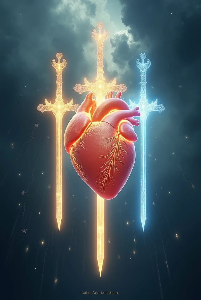 Create a stunning, hyper-realistic image for the 'Three of Lights' card from the Lumen Angelis Tarot deck, Directly inspired by the traditional Rider-Waite Three of Swords. In the center of the letter, A big heart, intricately detailed and anatomically realistic, floats in the air, glowing with a soft, ethereal light. The heart appears almost translucent, as if made of divine material, with delicate veins and a shiny surface that reflects light.

Three beams of radiant light, that look like swords, They pass through the heart from different angles. These beams are not mere lines of light, but they look like solid structures, almost crystalline, with sharp edges and a radiant core that pulsates with energy. Each beam of light is so detailed that you can see the faint drawings of celestial symbols across its surface., and they shine with different intensities: one with a golden hue, another silver and the third with a deep blue, from another world.

The background is a stormy sky, with dark, swirling clouds adding drama and intensity to the scene. Lightning flashes through the clouds, illuminating the heart and beams of light in bursts of radiance. Raindrops fall gently from the sky, but instead of water, They appear as tiny glowing orbs of light, that disperse when they hit the ground.

The overall scene should be emotionally evocative, capturing the deep sadness and searing pain symbolized by the original Three of Swords, but with a heavenly, angelic twist that aligns with the theme of the Lumen Angelis deck.. The heart and the rays of light should be the focal points, Represented with such detail and realism that they seem almost tangible., creating a sense of awe and reverence.