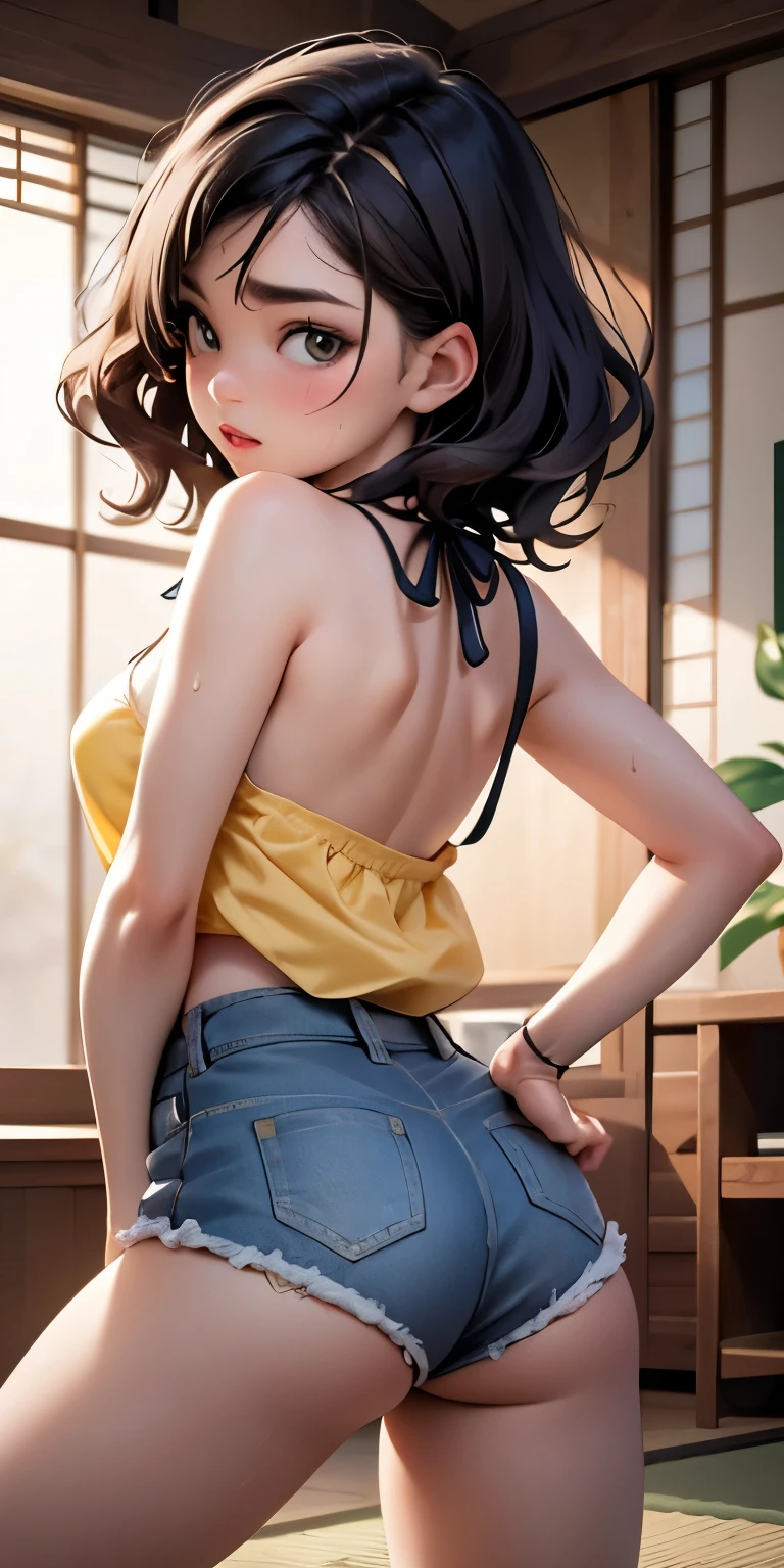 Mouth wide open and orgasmic face、See-through、Tatami Japanese room、White shorts(Backwards posture with emphasis on buttocks, riding position)Realistic Face、Sweaty、(8-year-old)、(((black braid hair、)))Tomboy.Emphasis on breast valley((Wearing Lemon yellow t-shirt.Wearing denim shorts))、((Wearing a red camisole))、Sexy posing、Moisturizing pink lips