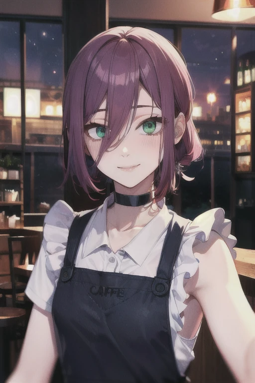 (Highest quality)、(Highest quality)、cut、Chainsaw Man、cute、(choker).eyes are emerald、Her hair is purple、Short Bob、Beautiful night view、whole body、detailed、強力なdetailed、cut、((Keep your facial image)).((Cafe capacity)).((smile)).((Daytime)).((apron)).