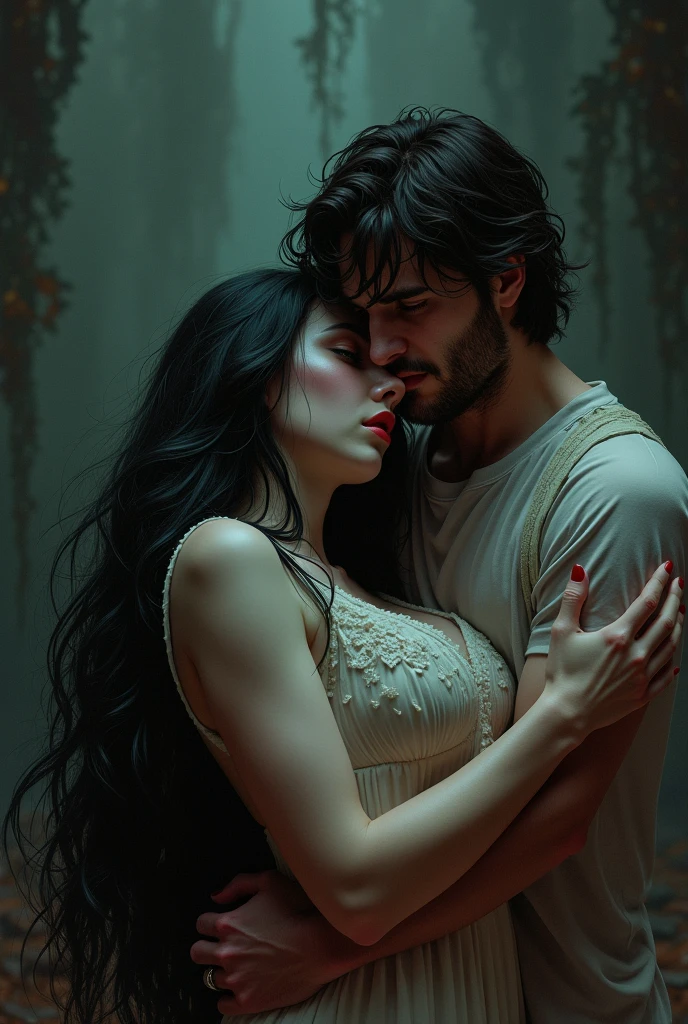 Young girl from fantasy very stuning, long long log so long long long jet black so black black hair, pale skin, so pale, so pale skin, red lips red lips, green green green eyes, she is dieing in arms of her lover after her husband killed her and husband is also there