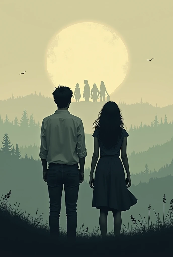 Create a cover with the title love without a hyphen and two people looking towards the horizon. They are looking away and only see each other&#39;s backs. And that two people are seen, looking at themselves, But in the background those two people are Five from the Umbrella Academy and the other person is just the silhouette