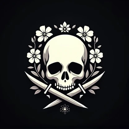 PALE SKULL LOGO WITH MYTHICAL WHITE FLOWERS FRAME AND KNIVES BLACK BACKGROUND ANIMATED CARTOON