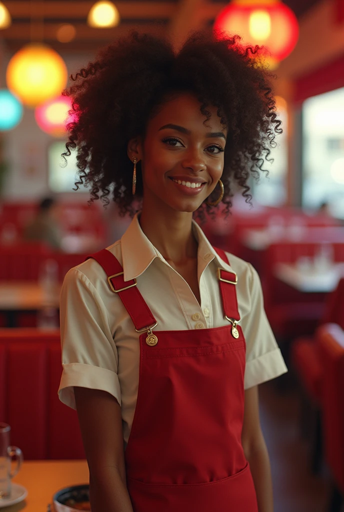 young girl, 19yearsold. Brown hair with afro braids , comely. Black light skin . features brown eyes , very beautiful. Toned body Wearing an 80s waitress outfit. In a New York restaurant in the 80s full of lights and tables with red armchairs