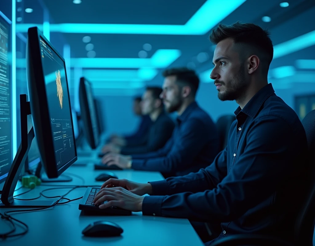 Il y a plusieurs homme assis de coté sur des bureaux avec deux écrans d&#39;ordinateur., Éclairage bleu et , Post-production 8K, Post-production 8K, Éclairage bleu , Post-production 8K, Post-production 8K, Composition, Cyberpunk Clay, avec éclairage cinéma, Éclairage aux couleurs cinématographiques, Rendu 3D 8K tiré, Portrait pris en 8K avec le logo de "Twistreamv en bleu "