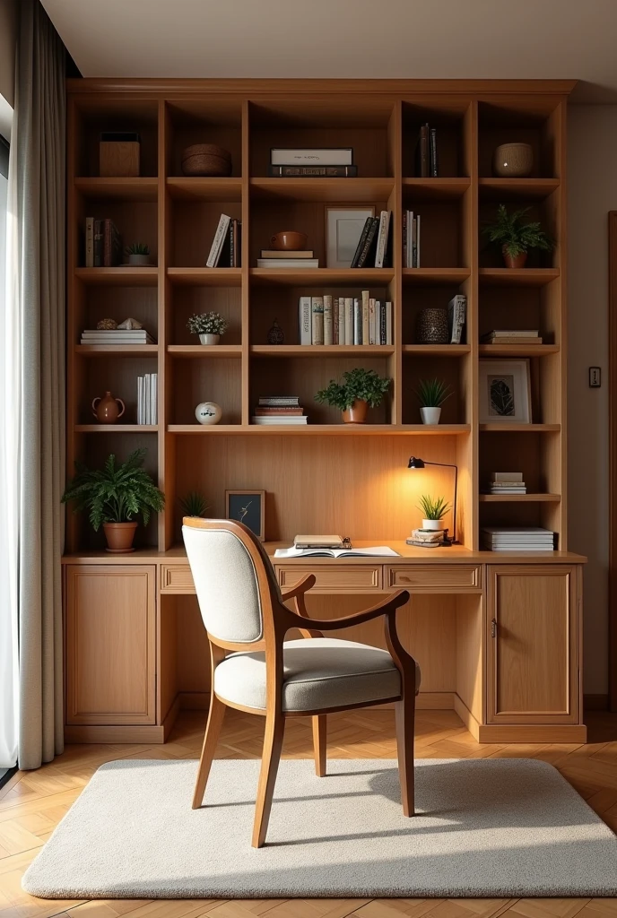 Interior design. Living room bookcase desk detached from the wall with chair. Desk in the middle of the room, earthy wood colors