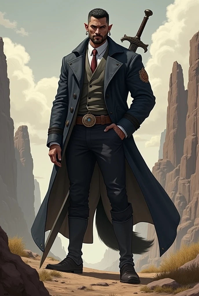 He is a tall, 2 meter tall indigenous man with a square face and short dark hair and a beardless face with a smooth face. His eyes are wolf-like and one of them is closed with pointy ears with earrings. He wears a dark black overcoat with a white shirt underneath and dark pants in the style of formal attire and has a strong physique and a wolf's tail. A large sword is strapped to his back. I would like the art in a fantasy RPG style. In the Old West