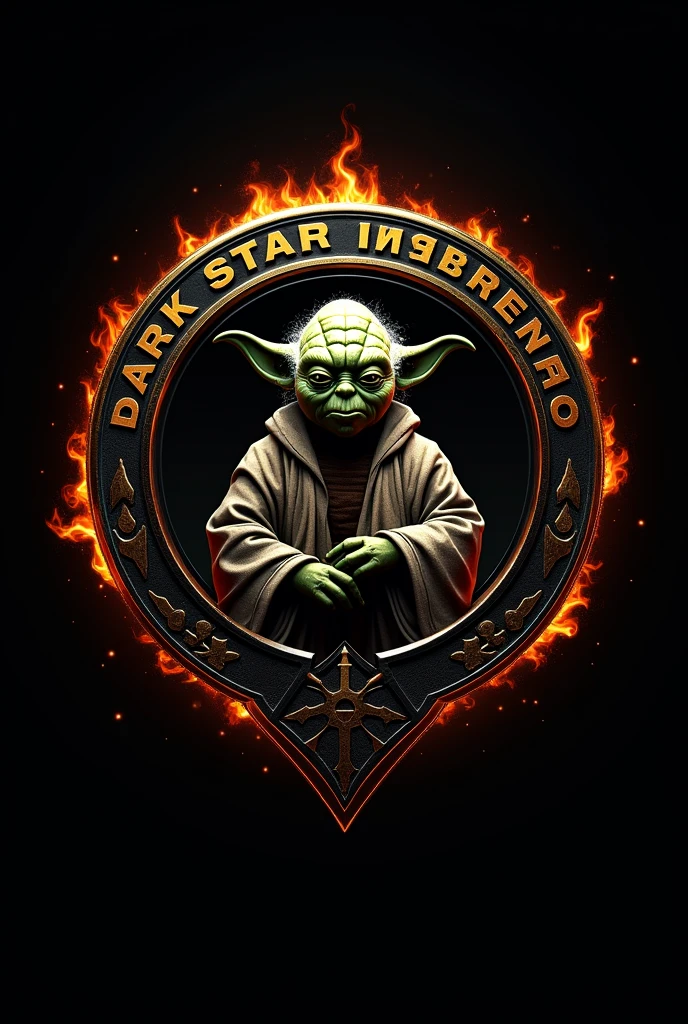 "Create a round emblem with 'Dark Star' above, 'DKS' below, and 'Interno 1ª Divisão DKS' in the center. Include Yoda within the shield. Use black and gold colors with fiery details along the edges."