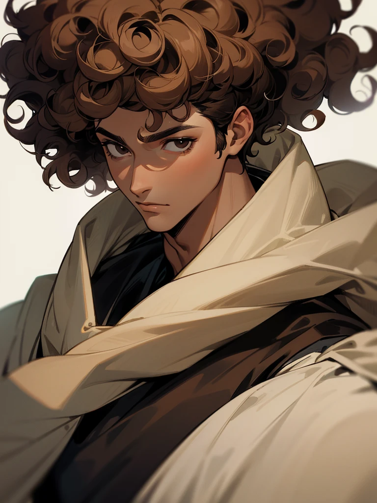 Create a man with curly hair, brown skin and black eyes