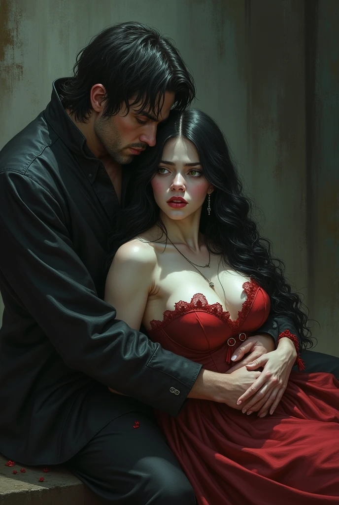 Young girl from fantasy very stuning, long long log so long long long jet black so black black hair, pale skin, so pale, so pale skin, red lips red lips, green green green eyes, she is dieing in arms of her lover after her husband killed her and husband is also there