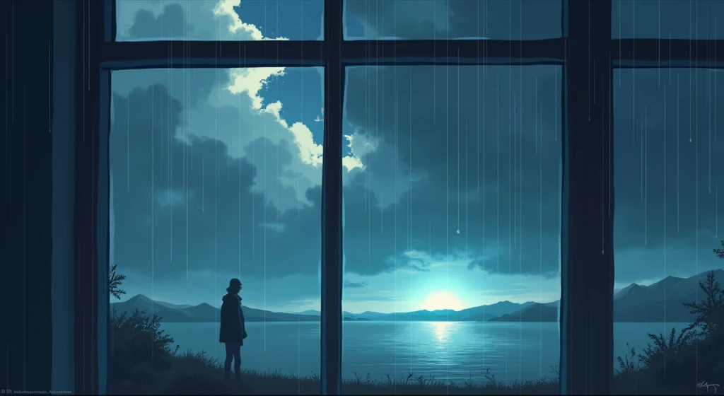Section 3: "Twilight’s End" (2:01 - 3:00)
Scene: Third Verse, Bridge, and Final Chorus
Visuals: The scene shifts to the horizon where the first light of dawn begins to break. The sky transitions from dark blues to the warm hues of sunrise. The solitary figure from the first section is seen walking away from the lake, leaving the night behind. The camera focuses on raindrops sliding down a window as the bridge plays, symbolizing the lingering pain of memories. Finally, as the last chorus plays, the scene returns to the lake, now bathed in the soft glow of the rising sun, with only a faint echo of the night’s shadows remaining.
Effects: Gradually increase the brightness and warmth of the colors to match the rising sun. Use a shallow depth of field for the raindrops on the window, with the background softly blurred. Add a gentle vignette as the scene fades out, symbolizing the closing of the song.
Prompt: "A horizon transitioning from night to dawn, with a solitary figure walking away from a lake, raindrops sliding down a window, and a soft sunrise glow illuminating the scene as night fades away."