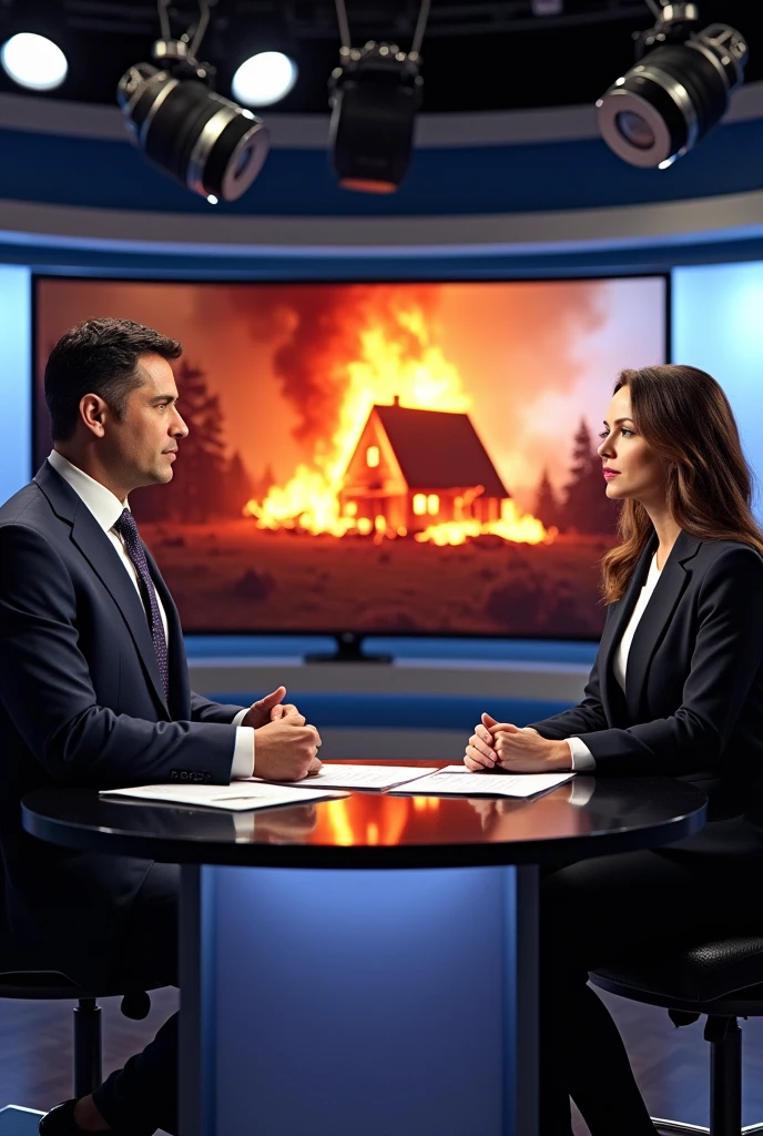 Image of a newscast being played on TV and there are two presenters (male and female) news and behind them you can see on another screen that a house is burning animatedly
 
 