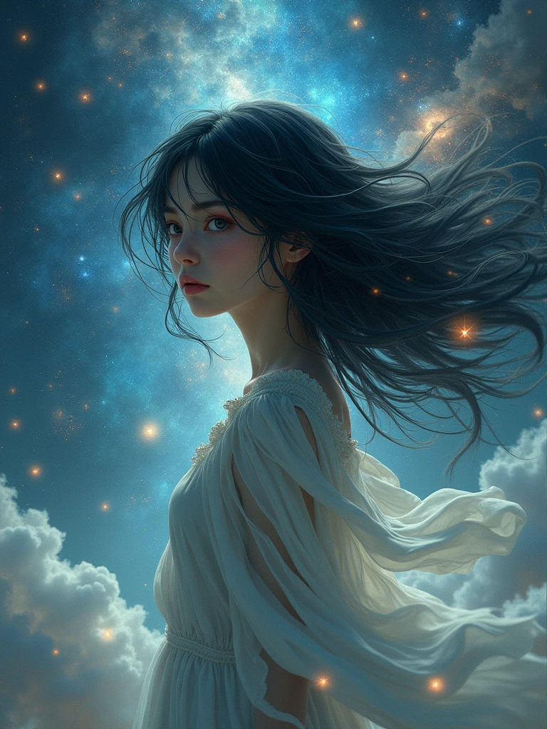(Best Quality, masterpiece), 1 girl, pose, particle, wind, flower, Upper part of the body, simple background, looking at the viewer, wildly black hair, cosmic, nebulae, Galaxy