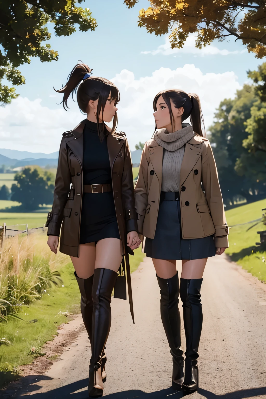 thigh high boots, platform boots, brown boots, girl, high heels, ponytail, countryside, nature, walking