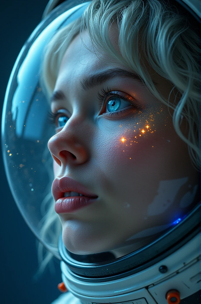 (Close-up of a better masterpiece:1.5)0.9], (Space and astronauts:1.2) (Messy silver hair:1.1) (Heterochromia xanthochromia and blue eyes:1.2) (Space Helmet:1.0) (Colored stars in the eyes:1.0) (A radiant glow:1.1) (thick lips:0.9)