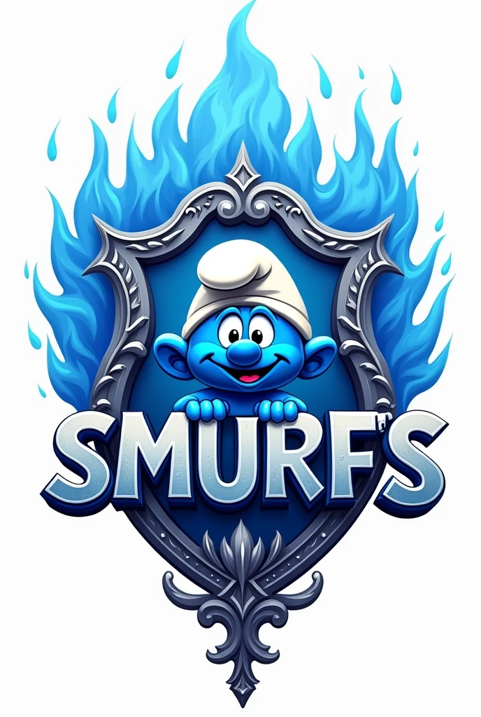 A brotherhood coat of arms with the name "Jehovah&#39;s Smurfs. put the name " Jehovah&#39;s Smurfs" on the coat of arms and a smurf. The coat of arms must be in blue flames. Put a white background.
