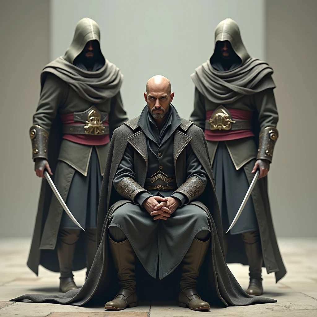 homme chauve asis avec deux assassin's creed altair debout derriere lui avec sa lame secrete