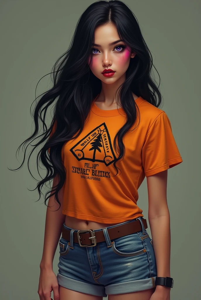 At Camp Half Blood, Elara has a distinctive style in the classic camp uniform: denim shorts and an orange t-shirt with the camp logo. His appearance stands out for his long, black hair., that reaches to the waist, and her dark purple eyes. She always wears striking makeup with dark-toned shadows., mainly purple, and dark red lipstick.