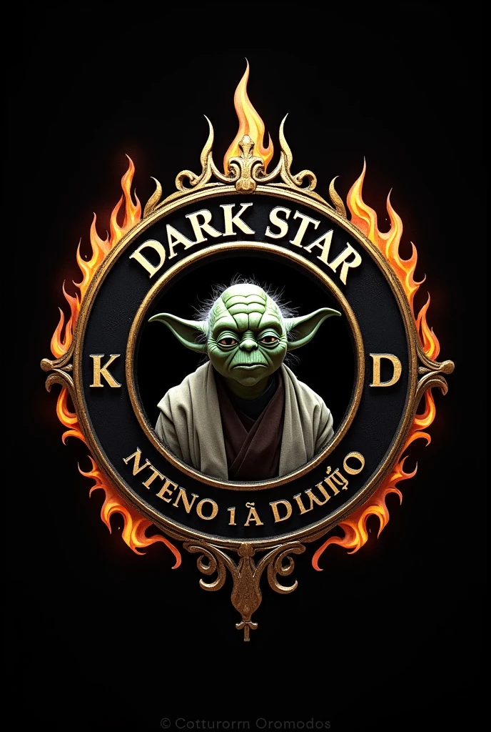 "Create a round emblem with 'Dark Star' above, 'DKS' below, and 'Interno 1ª Divisão DKS' in the center. Include Yoda within the shield. Use black and gold colors with fiery details along the edges."