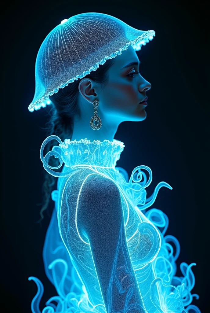fashion portrait, bioluminescent clothing, Haeckel Inspired, Umbrella Medusa Jellyfish.captured on Hasselblad X1D, 100mm