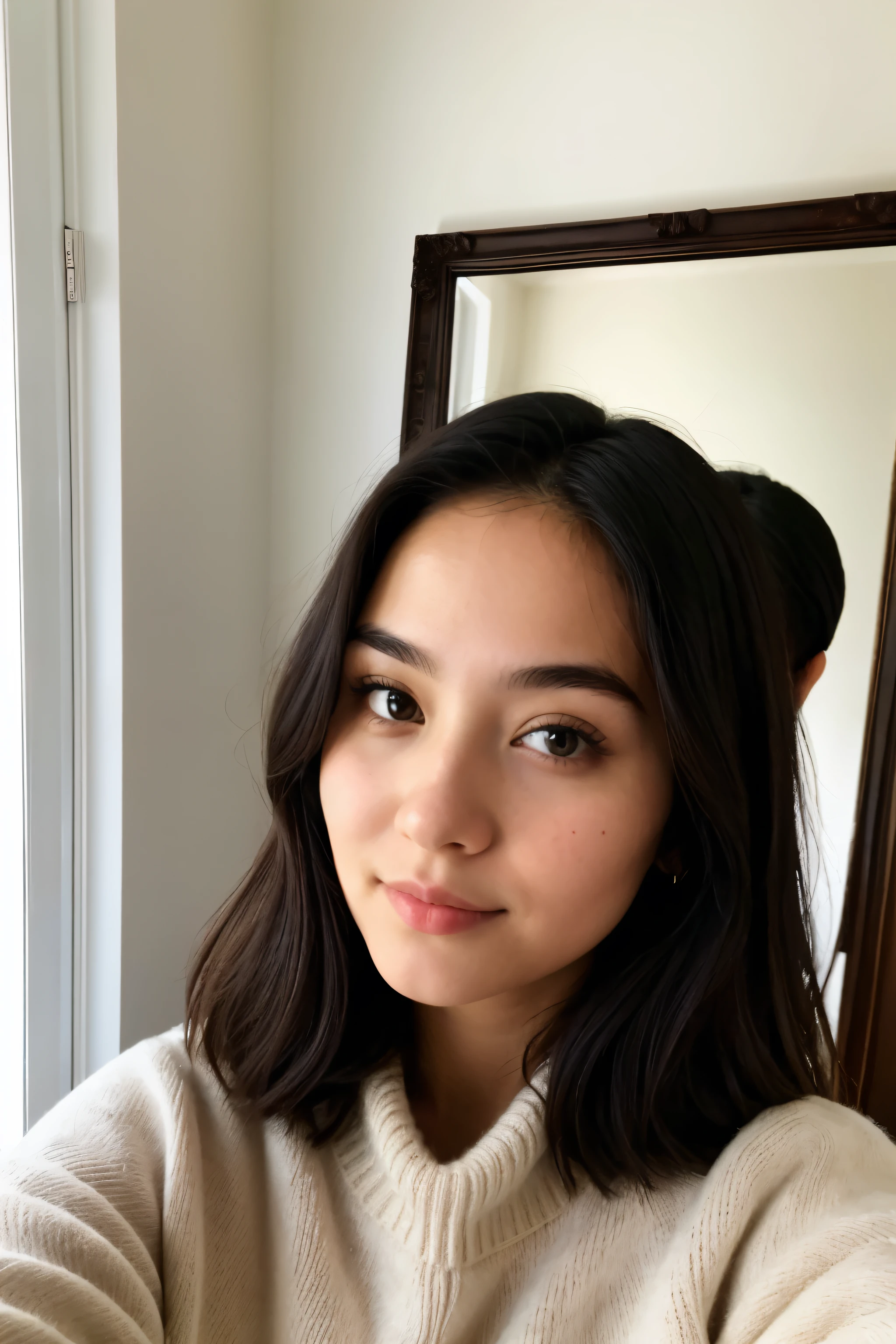 ((Best Quality)), ((masterpiece)), (detailed), 1 girl, black fur , Brown eyes, White sweater , in mirror, selfie 