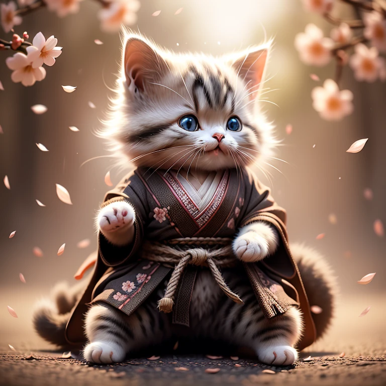 Highest quality,Very detailed,Realistic,photoRealistic:1.37),Wearing a white karate kimono、毛むくじゃらのCat,Adorable,soft,fuzzy,Playful,Expressive blue eyes,small, Round body,Small feet、He is reaching out and doing a straight punch.,Vibrant colors,Warm lighting,、Cat、Are standing、