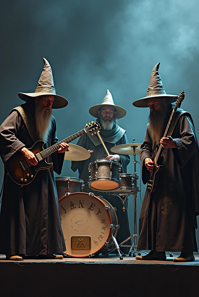 Three medieval wizards playing in a rock band (One plays the drums)