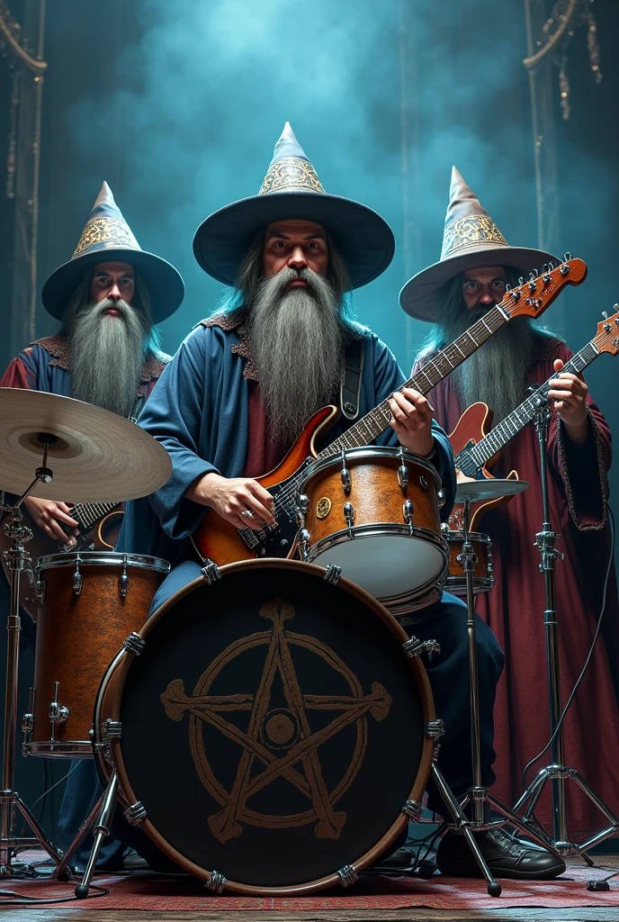 Three medieval wizards playing in a rock band (One plays the drums)