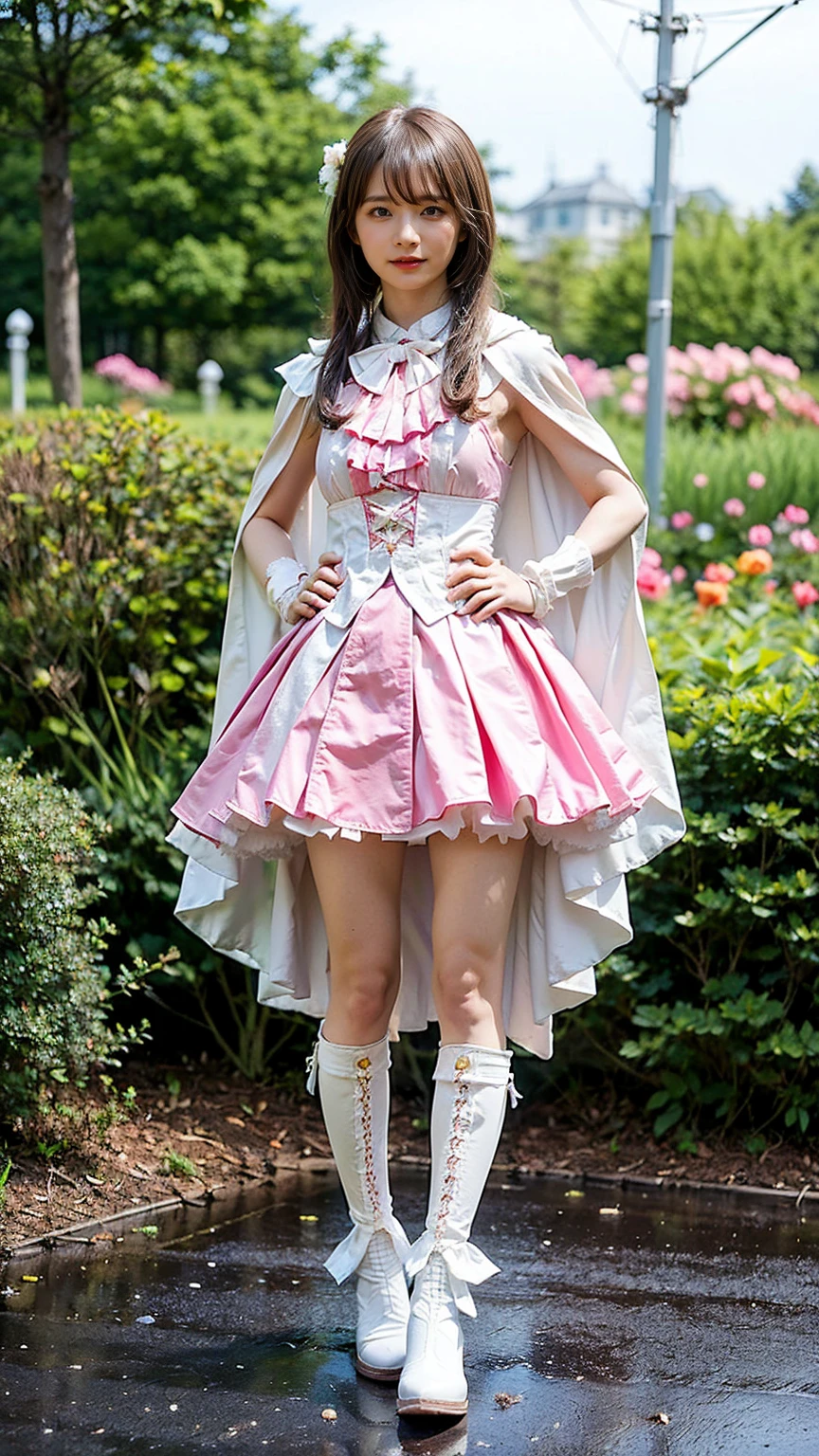 (8k、RAW Photos、Highest quality、masterpiece:1.2)、(Realistic、Realistic)、1 person、((White and pink、garden、Frills、Cape、mini skirt、Thin legs、whole body、boots、View from the front、Looking into the camera、Stand with hands on hips))、cute